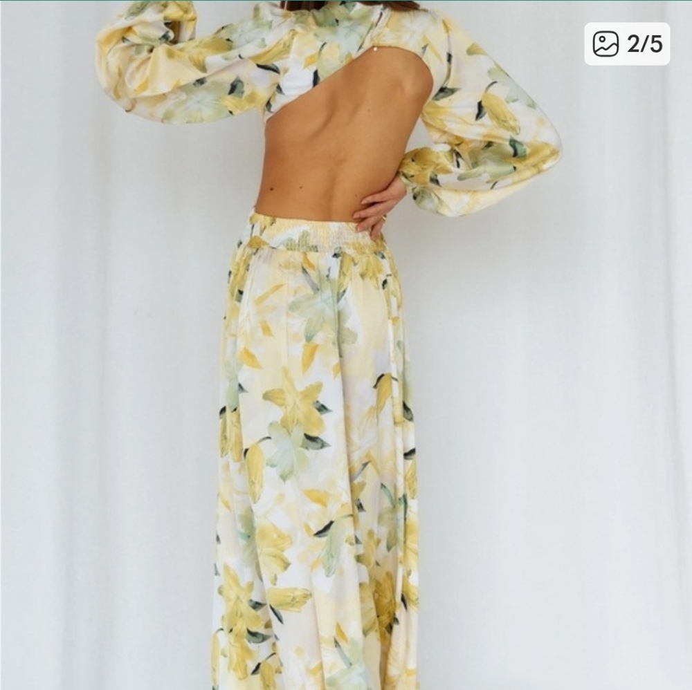Floral Long Sleeve Cutout Maxi Yellow Hello Molly Dress Size L - Picture 2 of 4